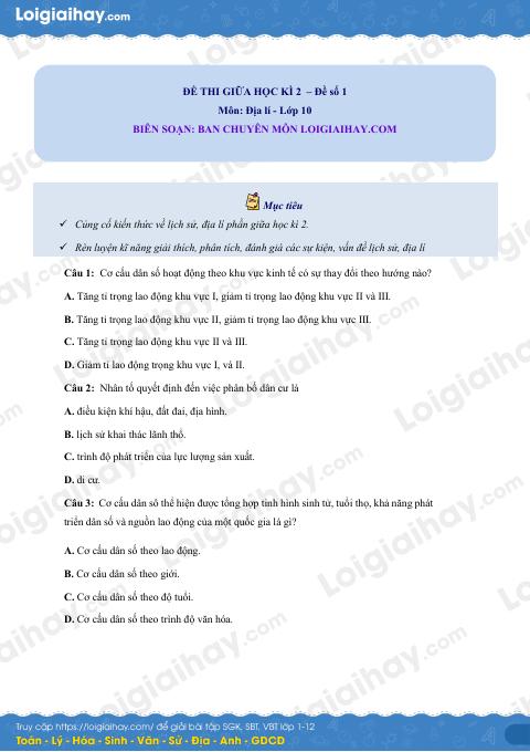 Đề thi giữa kì 2 Địa lí 10 - Đề số 1